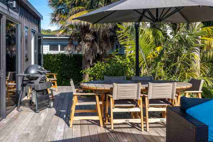 BBQ area at Piritahi Beach House by Waiheke Unlimited