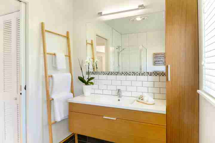 Relax in modern bathroom on your next Waiheke family holiday, view of sink