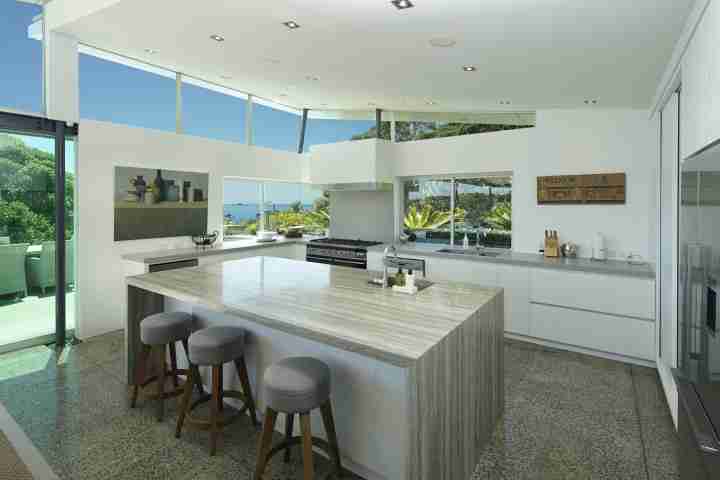 Modern spacious kitchen at Korora Estate, luxury Waiheke Island accommodation 