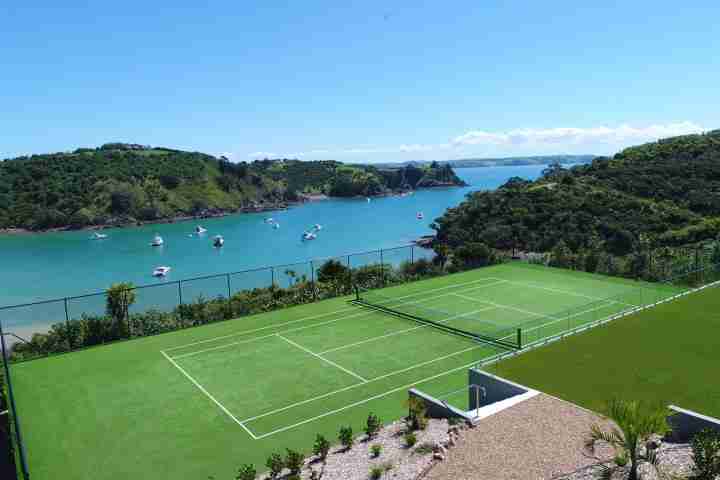 Private tennis court with sea views in luxury Waiheke Estate